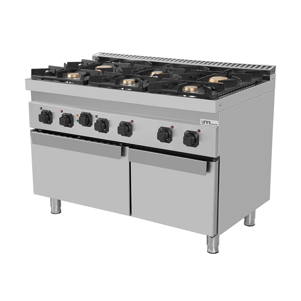 Fourneau gaz 6 feux vifs sur four électrique à convection - L 1200 x P 700 x H 850 mm - Unninox