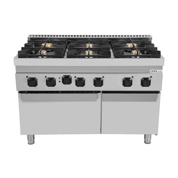 Fourneau gaz 6 feux vifs sur four électrique à convection - L 1200 x P 700 x H 850 mm - Unninox