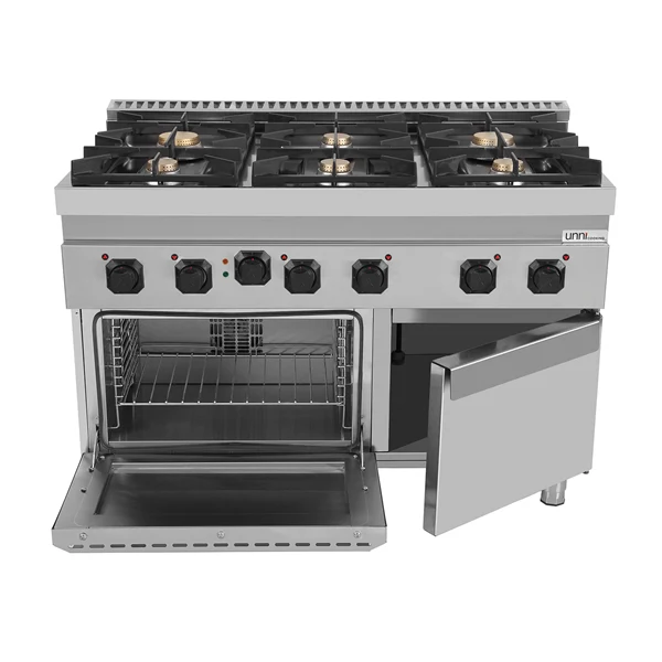 Fourneau gaz 6 feux vifs sur four électrique à convection - L 1200 x P 700 x H 850 mm - Unninox