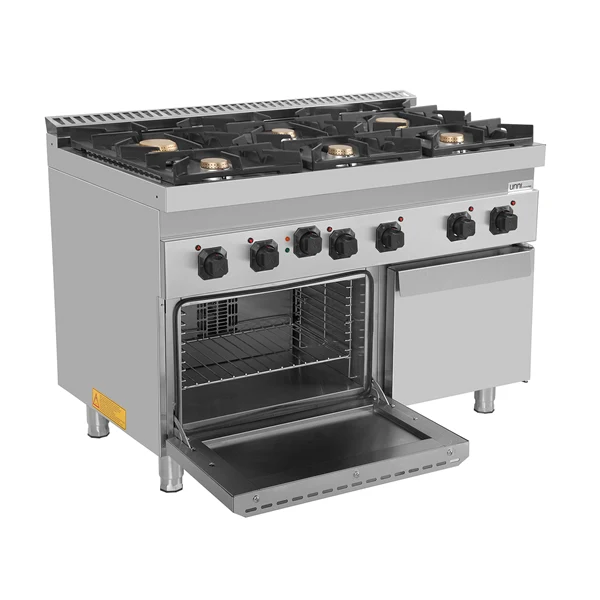 Fourneau gaz 6 feux vifs sur four électrique à convection - L 1200 x P 700 x H 850 mm - Unninox