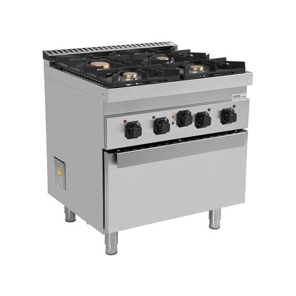 Fourneau gaz 4 feux vifs sur four électrique à convection - L 800 x P 700 x H 850 mm - Unninox