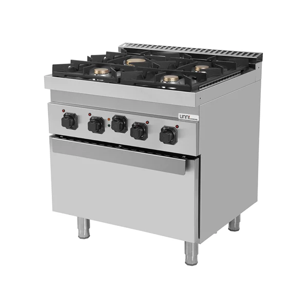 Fourneau gaz 4 feux vifs sur four électrique à convection - L 800 x P 700 x H 850 mm - Unninox