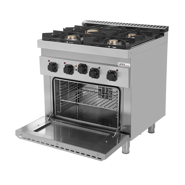 Fourneau gaz 4 feux vifs sur four électrique à convection - L 800 x P 700 x H 850 mm - Unninox