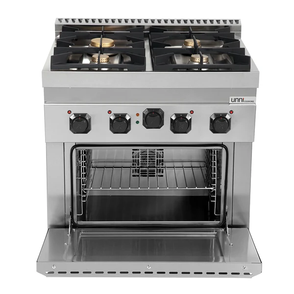 Fourneau gaz 4 feux vifs sur four électrique à convection - L 800 x P 700 x H 850 mm - Unninox