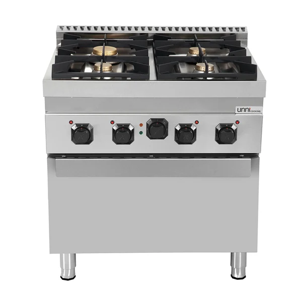 Fourneau gaz 4 feux vifs sur four électrique à convection - L 800 x P 700 x H 850 mm - Unninox