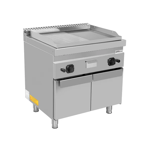 Plancha gaz sur meuble - plaque moitié lisse moitié rainurée - 13 kW - L 800 x P 700 x H 850 mm - Unninox
