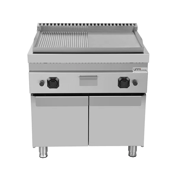 Plancha gaz sur meuble - plaque moitié lisse moitié rainurée - 13 kW - L 800 x P 700 x H 850 mm - Unninox