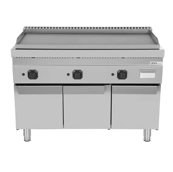 Plancha gaz triple sur meuble - plaque lisse - 19,5 kW - L 1200 x P 700 x H 850 mm - Unninox
