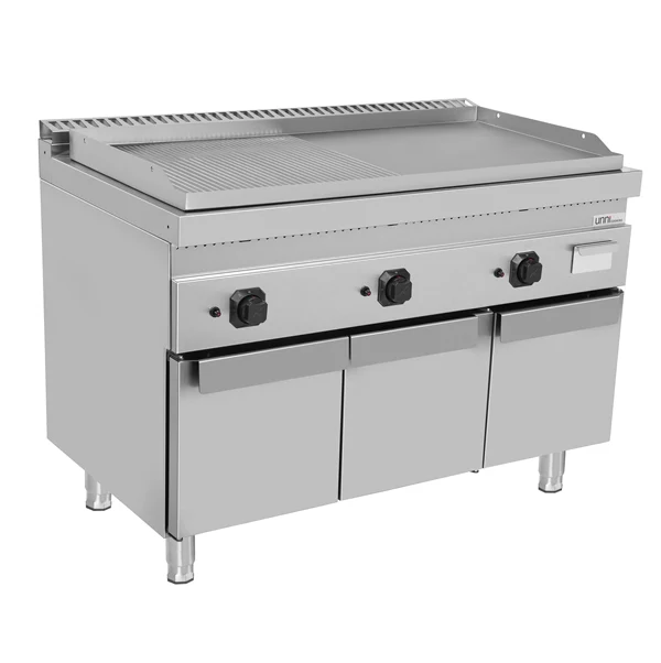 Plancha gaz triple sur meuble - plaque rainurée et lisse - 19,5 kW - L 1200 x P 700 x H 850 mm - Unninox