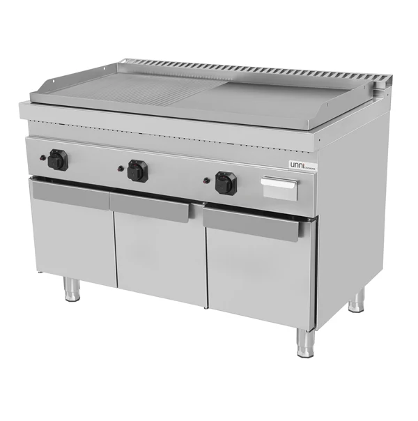 Plancha gaz triple sur meuble - plaque rainurée et lisse - 19,5 kW - L 1200 x P 700 x H 850 mm - Unninox