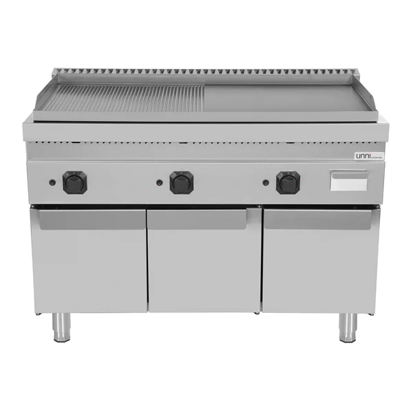 Plancha gaz triple sur meuble - plaque rainurée et lisse - 19,5 kW - L 1200 x P 700 x H 850 mm - Unninox
