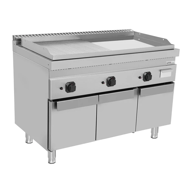 Plancha gaz triple sur meuble - plaque rainurée et lisse chromée - 19,5 kW - L 1200 x P 700 x H 850 mm - Unninox