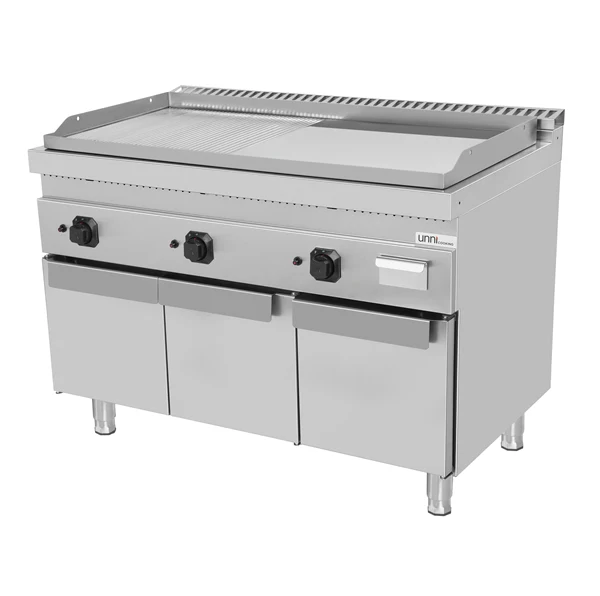 Plancha gaz triple sur meuble - plaque rainurée et lisse chromée - 19,5 kW - L 1200 x P 700 x H 850 mm - Unninox
