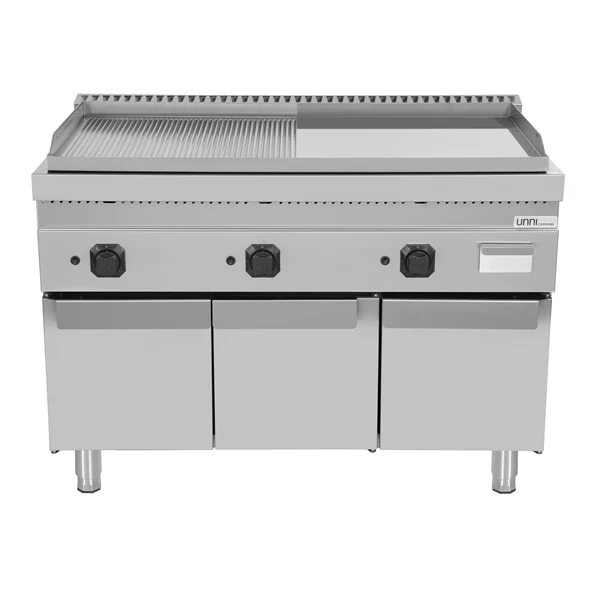 Plancha gaz triple sur meuble - plaque rainurée et lisse chromée - 19,5 kW - L 1200 x P 700 x H 850 mm - Unninox