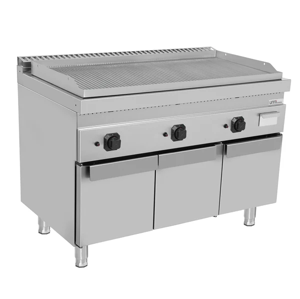 Plancha gaz triple sur meuble - plaque rainurée - 19,5 kW - L 1200 x P 700 x H 850 mm - Unninox