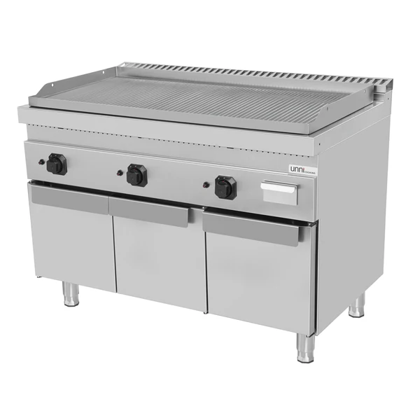 Plancha gaz triple sur meuble - plaque rainurée - 19,5 kW - L 1200 x P 700 x H 850 mm - Unninox