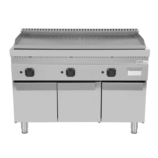 Plancha gaz triple sur meuble - plaque rainurée - 19,5 kW - L 1200 x P 700 x H 850 mm - Unninox