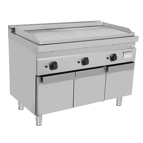 Plancha gaz triple sur meuble - plaque rainurée chromée - L 1200 x P 700 x H 850 mm - Unninox
