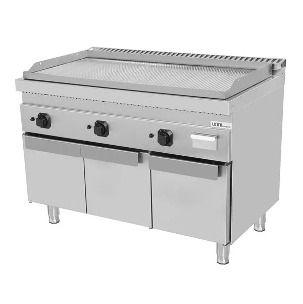 Plancha gaz triple sur meuble - plaque rainurée chromée - L 1200 x P 700 x H 850 mm - Unninox