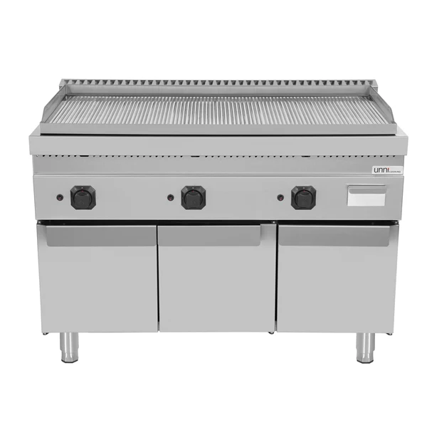 Plancha gaz triple sur meuble - plaque rainurée chromée - L 1200 x P 700 x H 850 mm - Unninox