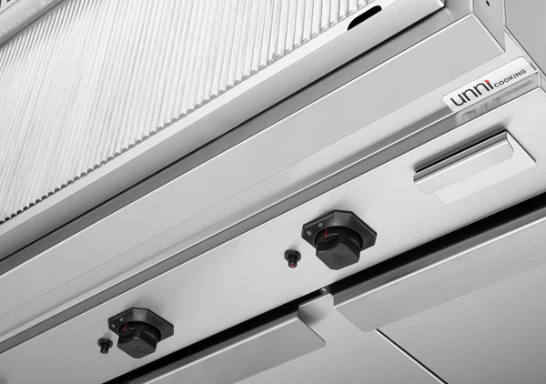 Plancha gaz triple sur meuble - plaque rainurée chromée - L 1200 x P 700 x H 850 mm - Unninox