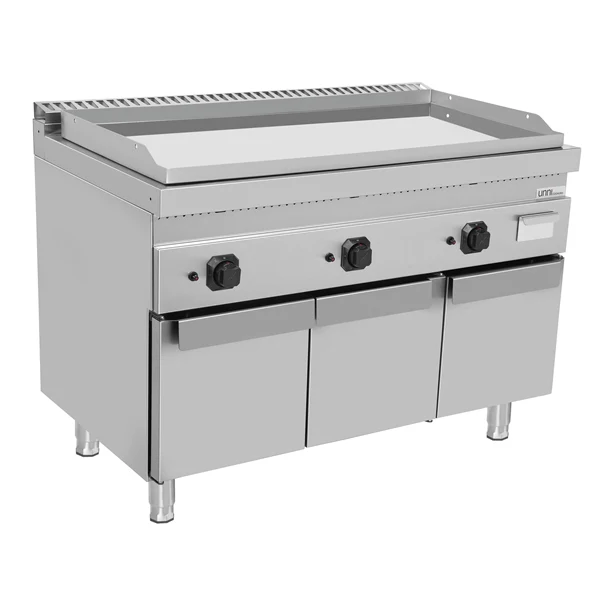 Plancha gaz triple sur meuble - plaque chromée - 19,5 kW - L 1200 x P 700 x H 850 mm - Unninox