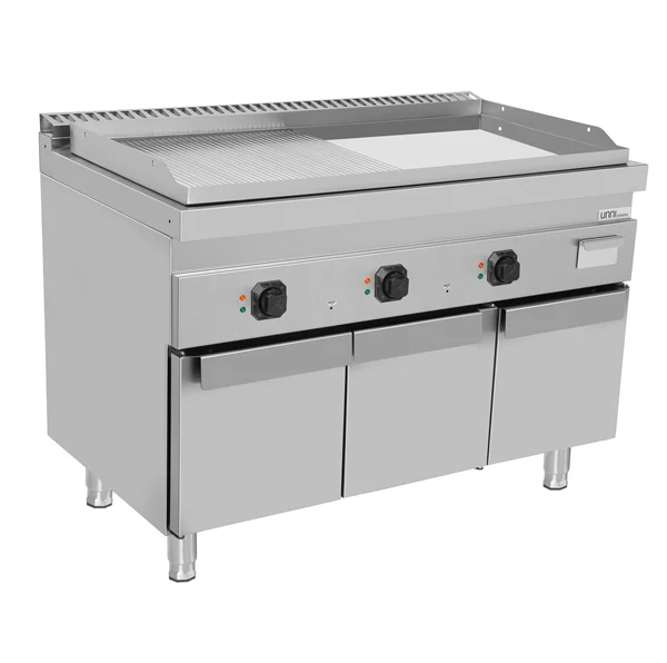 Plancha électrique sur meuble 3 zones - plaque lisse et rainurée chromée - 9 kW - L 1200 x P 700 x H 850 mm - Unninox