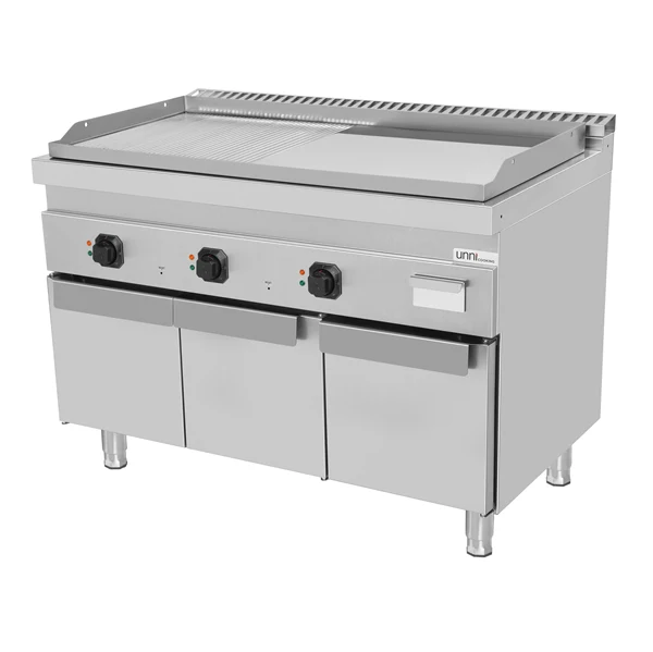 Plancha électrique sur meuble 3 zones - plaque lisse et rainurée chromée - 9 kW - L 1200 x P 700 x H 850 mm - Unninox
