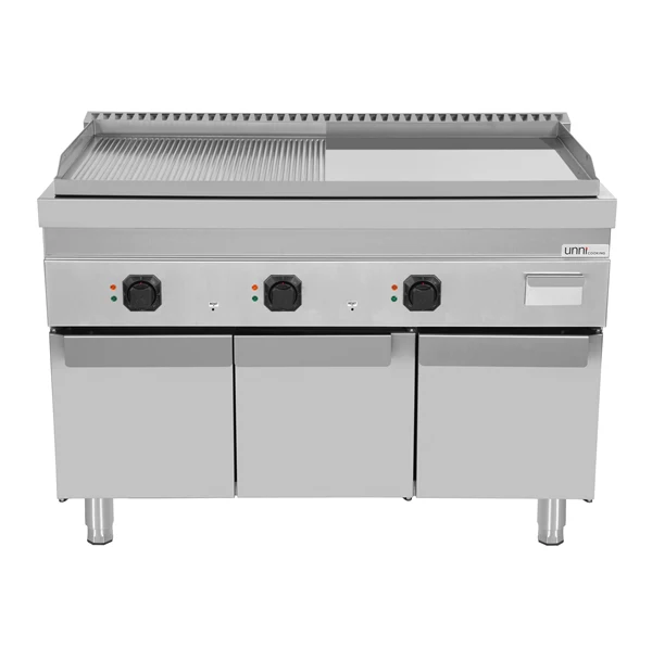 Plancha électrique sur meuble 3 zones - plaque lisse et rainurée chromée - 9 kW - L 1200 x P 700 x H 850 mm - Unninox
