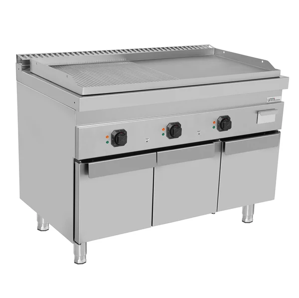 Plancha électrique sur meuble 3 zones - plaque lisse et rainurée - 9 kW - L 1200 x P 700 x H 850 mm - Unninox
