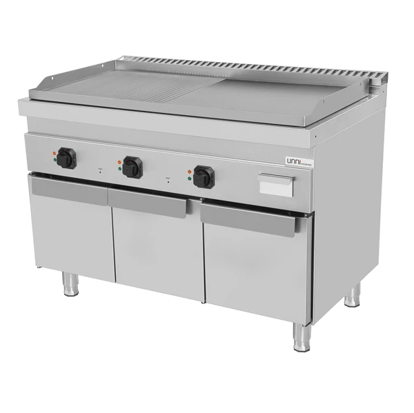 Plancha électrique sur meuble 3 zones - plaque lisse et rainurée - 9 kW - L 1200 x P 700 x H 850 mm - Unninox