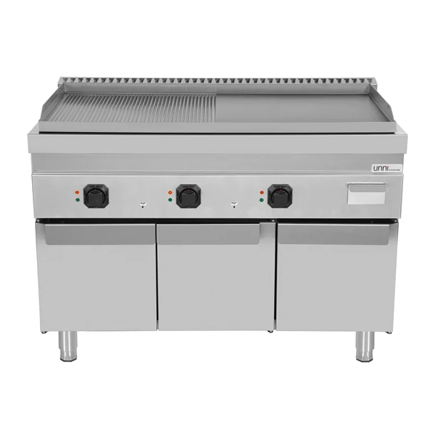 Plancha électrique sur meuble 3 zones - plaque lisse et rainurée - 9 kW - L 1200 x P 700 x H 850 mm - Unninox