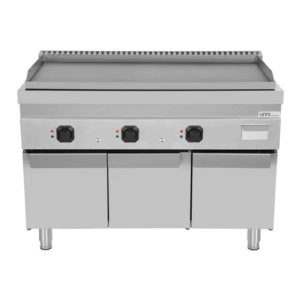 Plancha électrique triple sur meuble inox lisse - L 1200 x P 700 x H 850/900 mm - 9 kW - Unninox