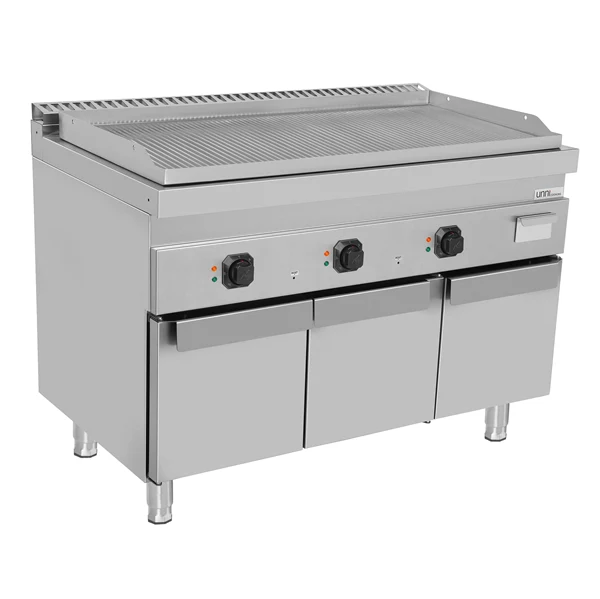 Plancha électrique triple sur meuble inox rainurée - L 1200 x P 700 x H 850/900 mm - 9 kW - Unninox
