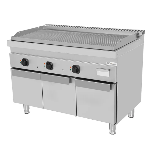 Plancha électrique triple sur meuble inox rainurée - L 1200 x P 700 x H 850/900 mm - 9 kW - Unninox