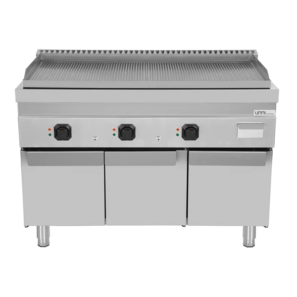 Plancha électrique triple sur meuble inox rainurée - L 1200 x P 700 x H 850/900 mm - 9 kW - Unninox