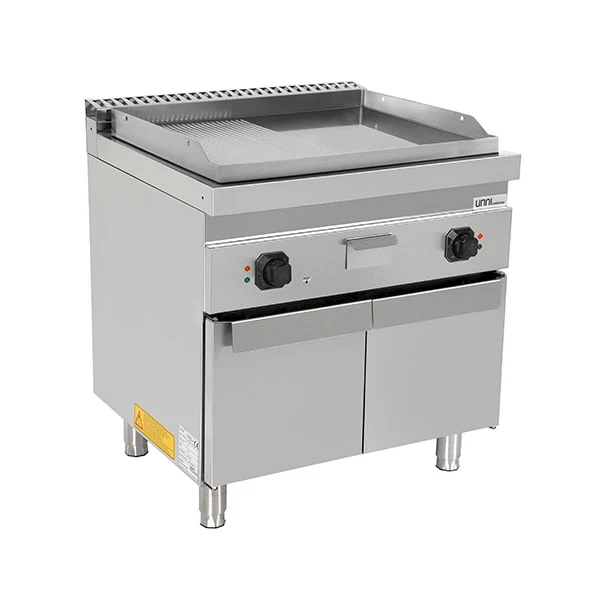 Plancha électrique sur meuble inox 1/2 lisse 1/2 rainurée - L 800 x P 700 x H 850/900 mm - 9 kW - Unninox