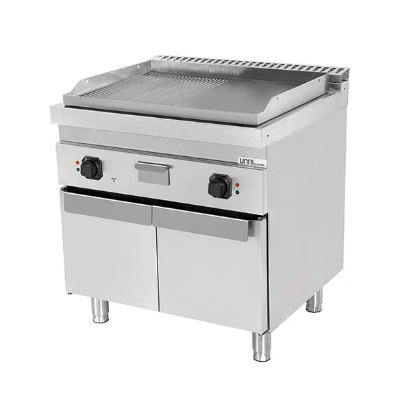 Plancha électrique sur meuble inox 1/2 lisse 1/2 rainurée - L 800 x P 700 x H 850/900 mm - 9 kW - Unninox