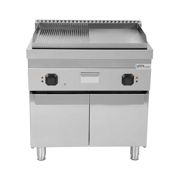 Plancha électrique sur meuble inox 1/2 lisse 1/2 rainurée - L 800 x P 700 x H 850/900 mm - 9 kW - Unninox