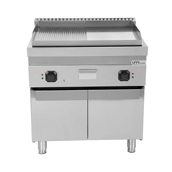 Plancha électrique sur meuble chromée 1/2 lisse 1/2 rainurée - L 800 x P 700 x H 850/900 mm - 9 kW - Unninox