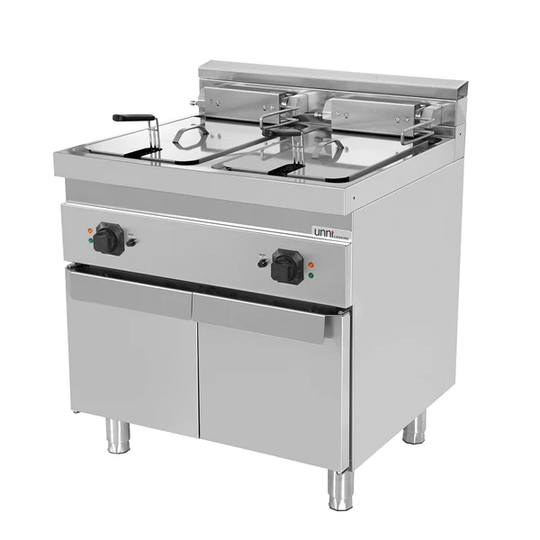 Friteuse électrique sur meuble 2 cuves 2 x 16 L - L 800 x P 700 x H 850/900 mm - 28,4 kW 400 V - Unninox