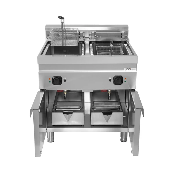 Friteuse électrique sur meuble 2 cuves 2 x 16 L - L 800 x P 700 x H 850/900 mm - 28,4 kW 400 V - Unninox