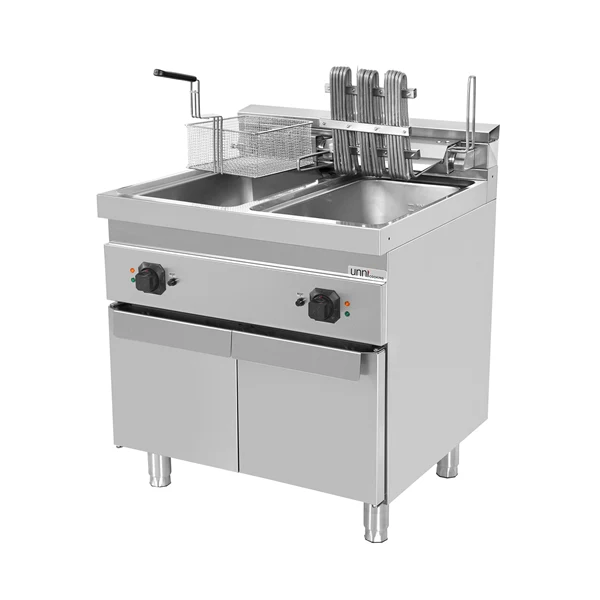 Friteuse électrique sur meuble 2 cuves 2 x 10 L - L 800 x P 700 x H 850/900 mm - 18 kW 400 V - Unninox