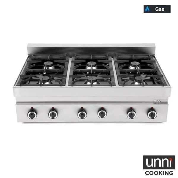 Fourneau gaz 6 feux vifs - L 1100 x P 650 x H 320 mm - 39 kW - Unninox