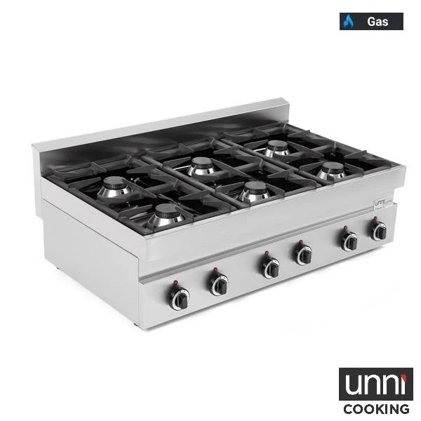 Fourneau gaz 6 feux vifs - L 1100 x P 650 x H 320 mm - 39 kW - Unninox