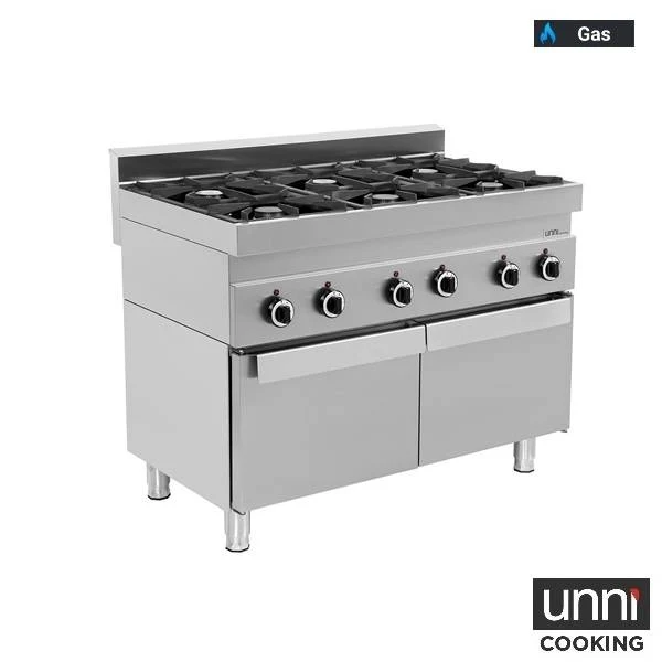 Fourneau gaz 6 feux vifs - L 1100 x P 650 x H 320 mm - 39 kW - Unninox