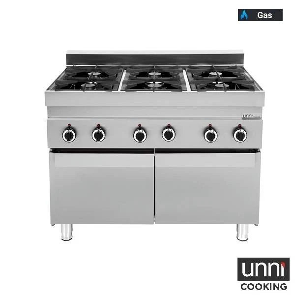 Fourneau gaz 6 feux vifs - L 1100 x P 650 x H 320 mm - 39 kW - Unninox