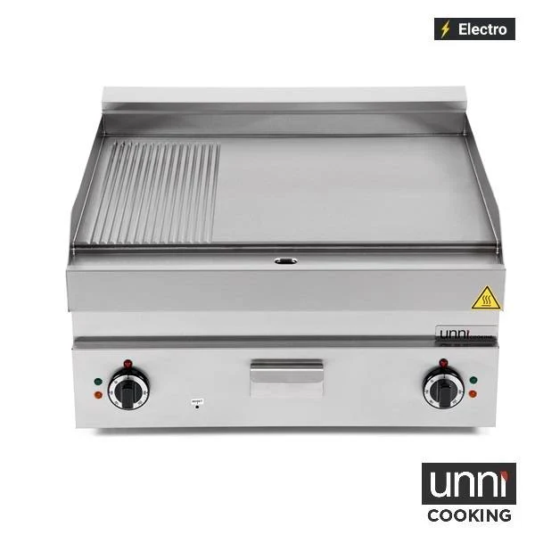 Plancha électrique 1/3 rainurée 2/3 lisse 9 kW 400 V - L 700 x P 650 x H 320 mm - Unninox