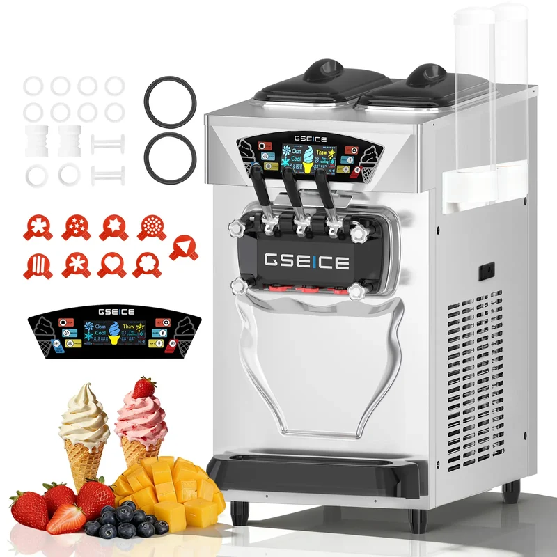 Countertop Commercial Soft Serve Ice Cream Machine 3 Flavor, 22–28 L/hr, 2×6L Hoppers, 110V 1600W Frozen Yogurt Machine | BJK218