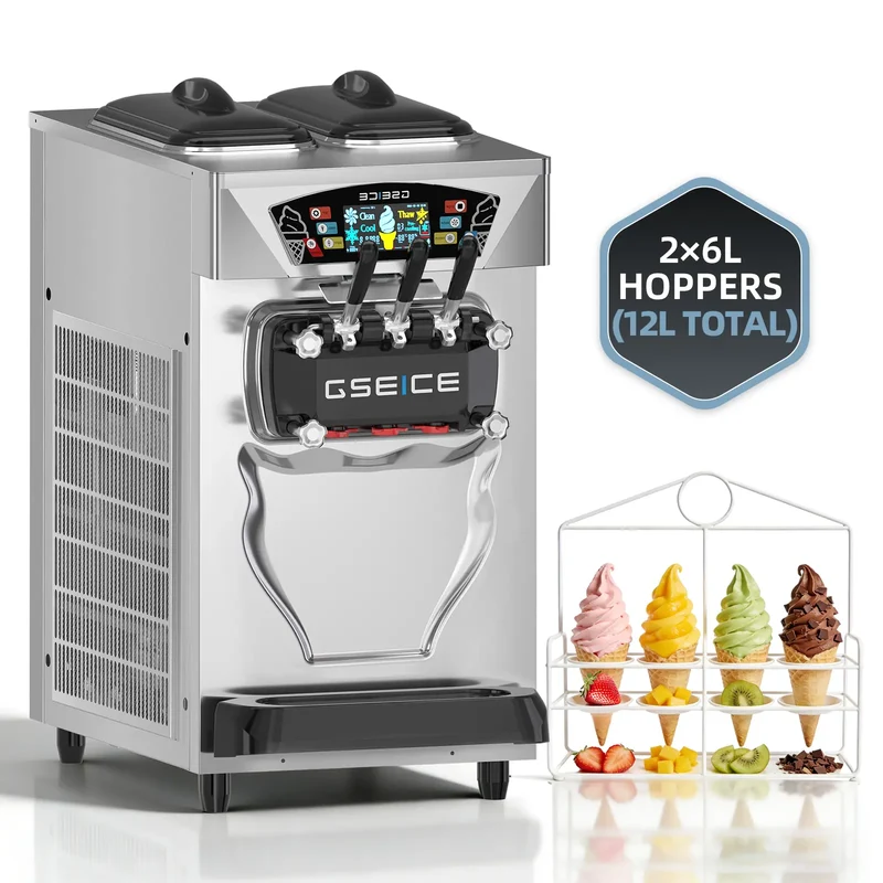 Countertop Commercial Soft Serve Ice Cream Machine 3 Flavor, 22–28 L/hr, 2×6L Hoppers, 110V 1600W Frozen Yogurt Machine | BJK218